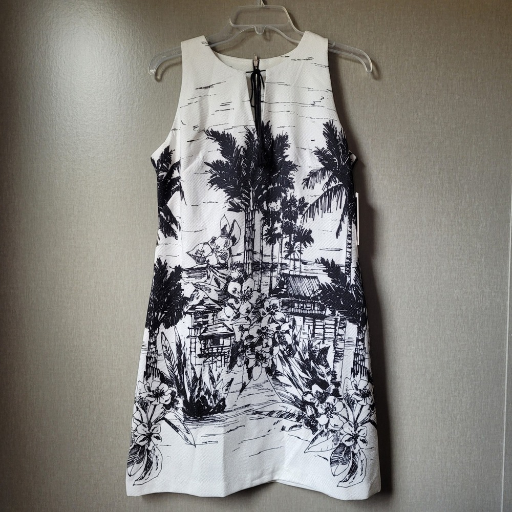 Julian Taylor NWT Sz 6 Sleeveless Shift Dress Black White Tropical Toile Resort